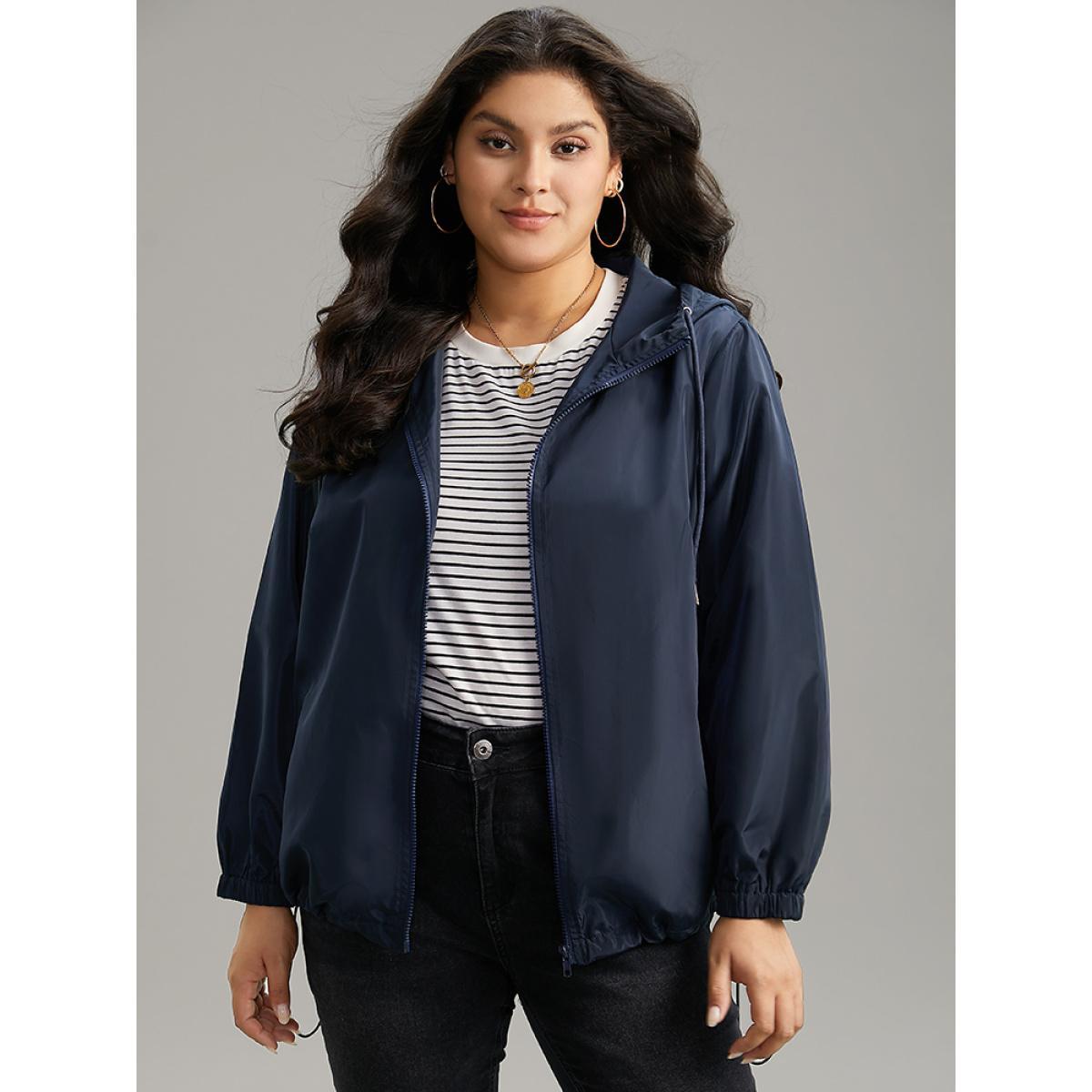 Plus Size Solid Drawstring Zipper Hooded Jacket Women Indigo Elastic cuffs Pocket Dailywear Jackets BloomChic 28/5X Product Image