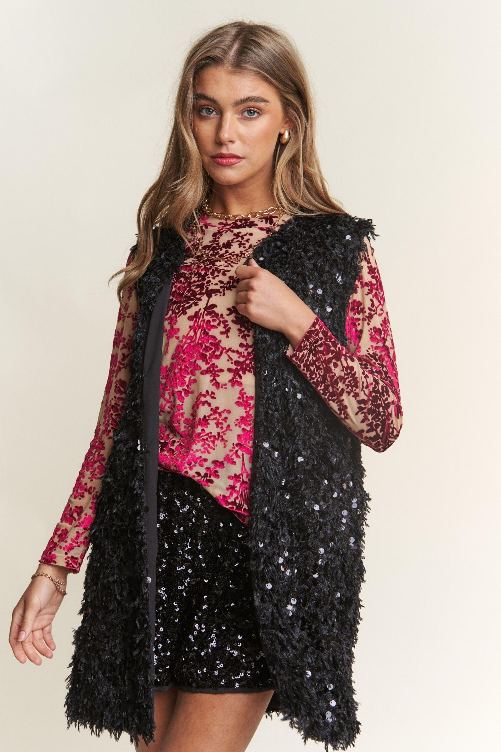 Long Body Casual Fuzzy Sequins Vest Product Image