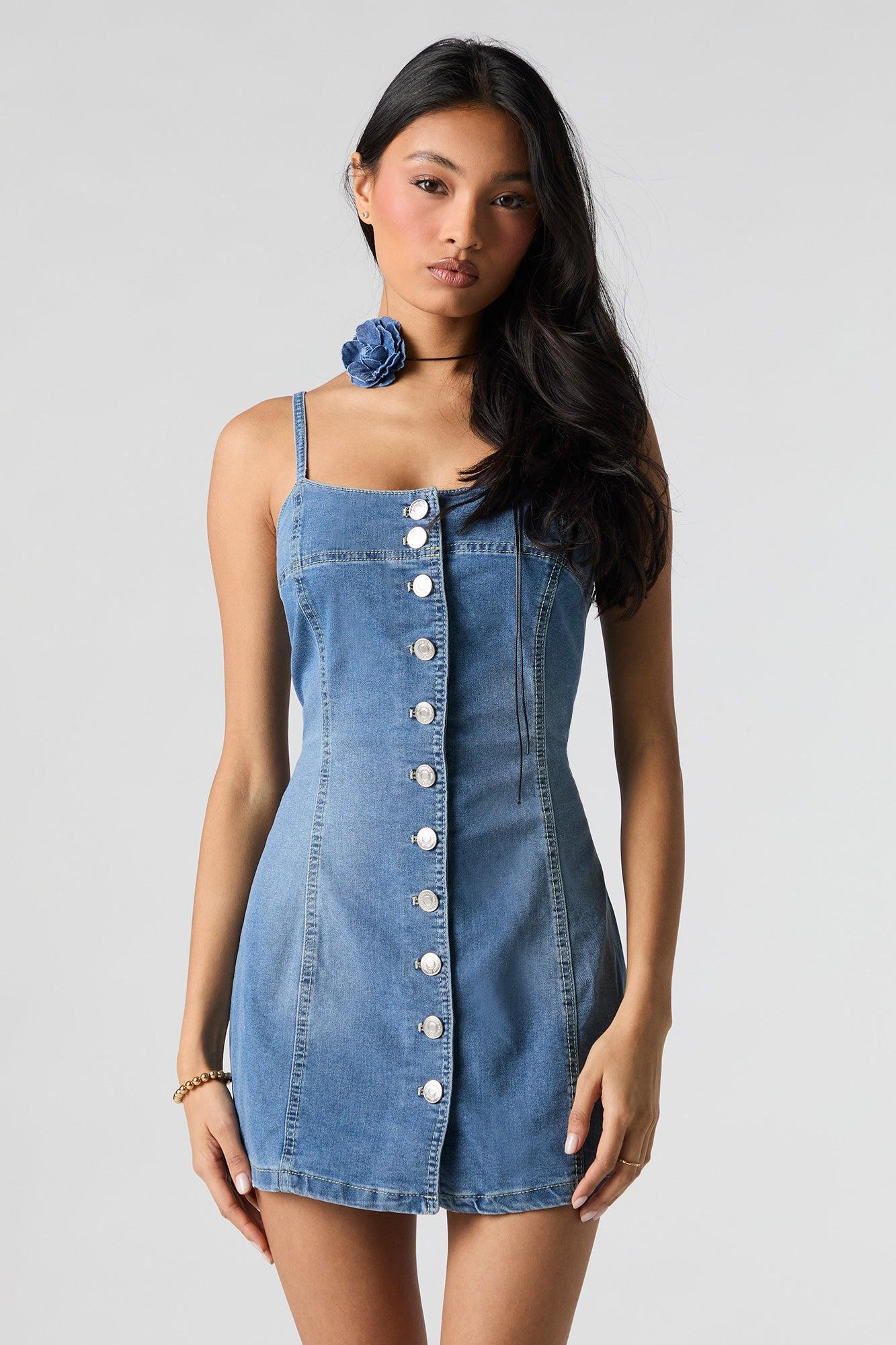 Denim Button Front Mini Dress Female Product Image
