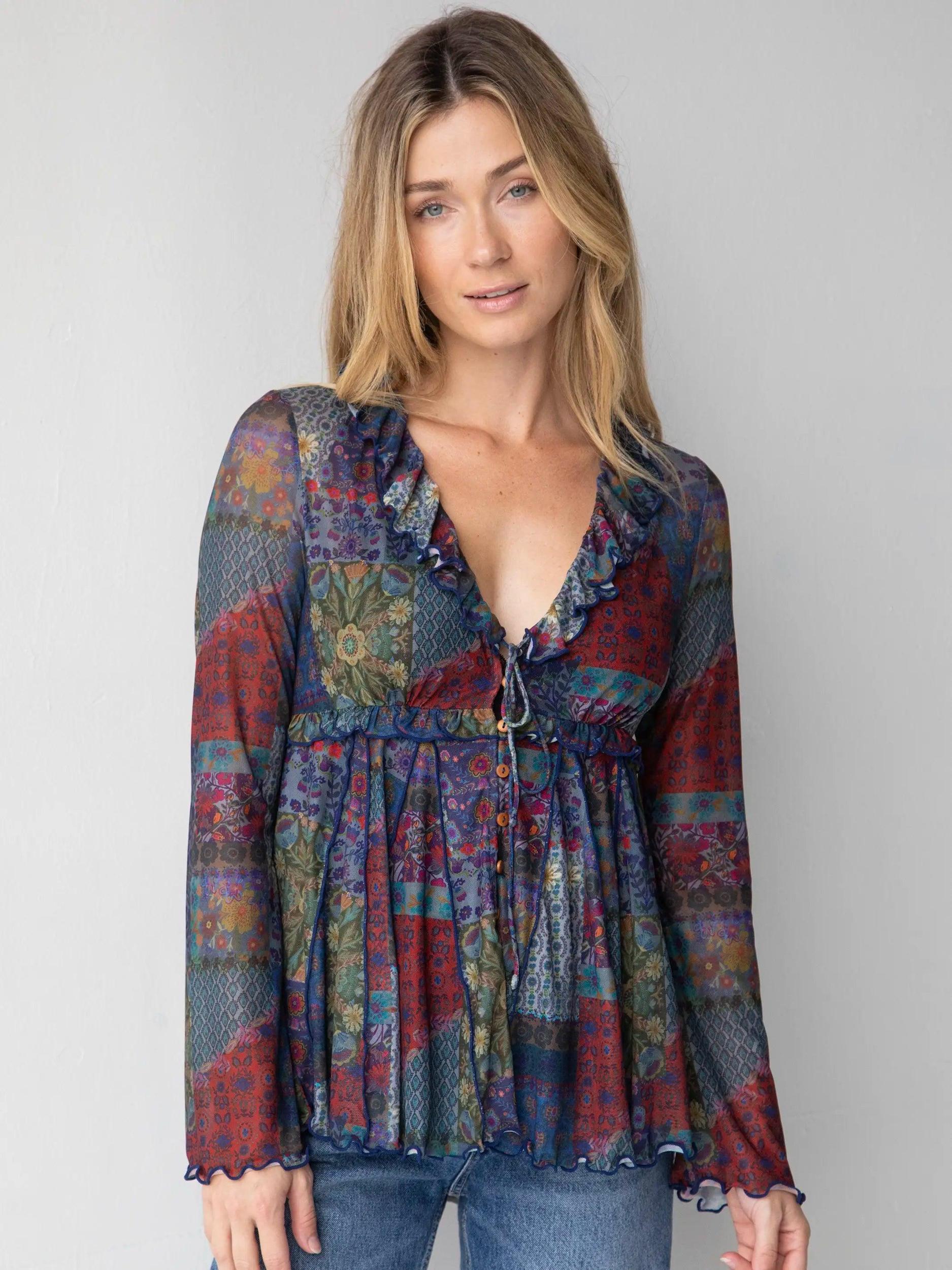 Sierra Ruffle Mesh Top - Blue Patchwork Product Image