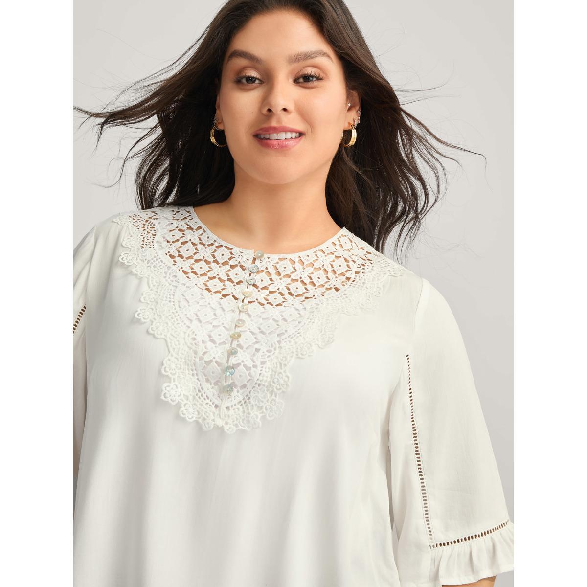 Plus Size WhiteSmoke Lace Spliced Button Detail Blouse Women Elbow-length sleeve Round Neck Everyday-Elegant Blouses BloomChic 18-20/2X Product Image