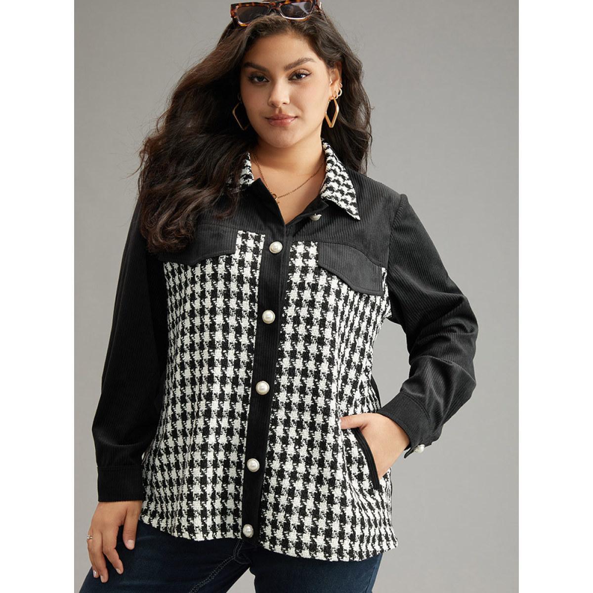 Plus Size Tweed Gingham Button Up Patchwork Pocket Contrast Coat Women Black Casual Contrast Ladies Dailywear Winter Coats BloomChic 22-24/3X Product Image