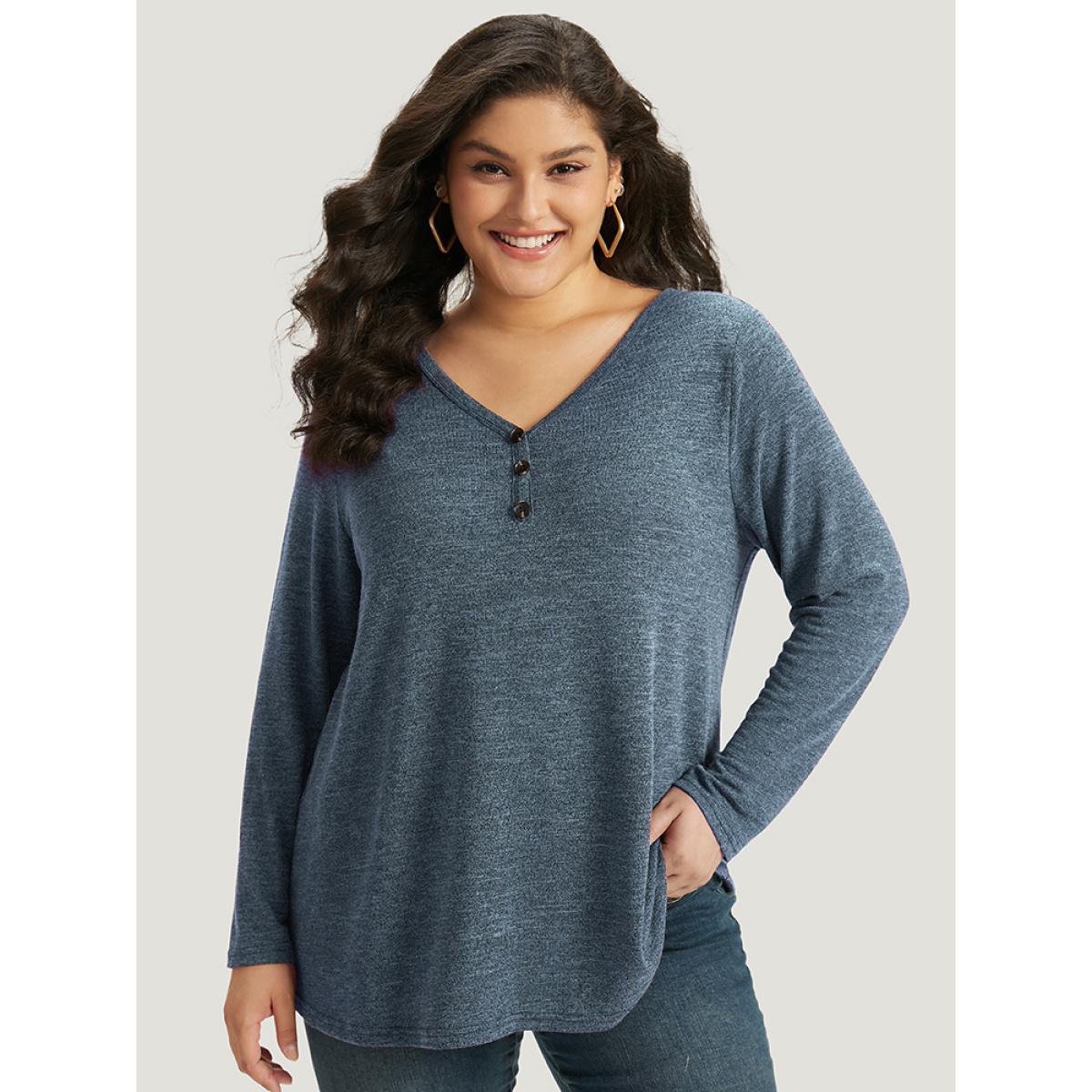 Plus Size Heather Button Up Long Sleeve T-shirt Russet Women Casual Heather Plain V-neck Everyday T-shirts BloomChic 18-20/2X Product Image