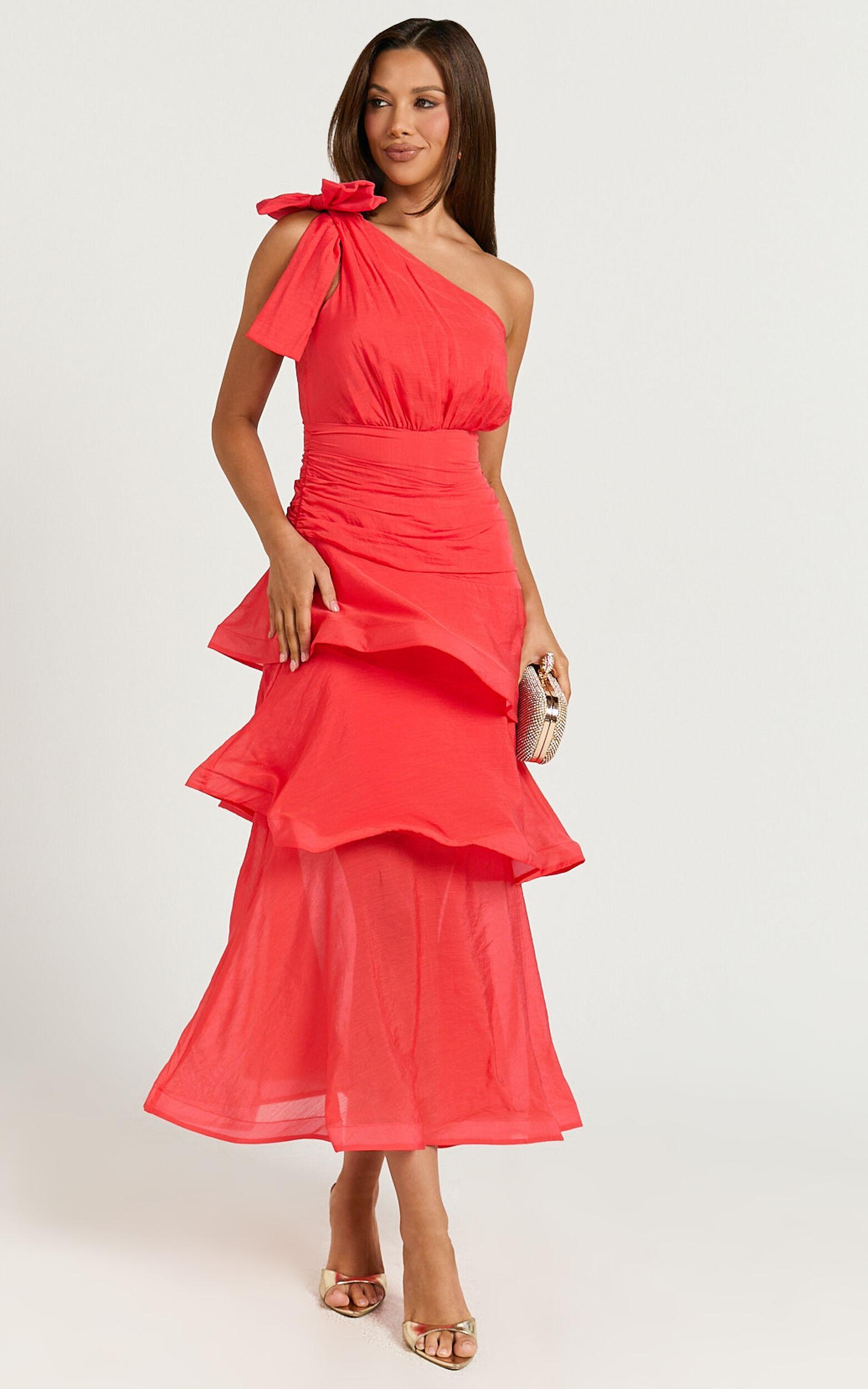 Eugenia Midi Dress - One Shoulder Fit and Flare Layered Dress in Red Product Image