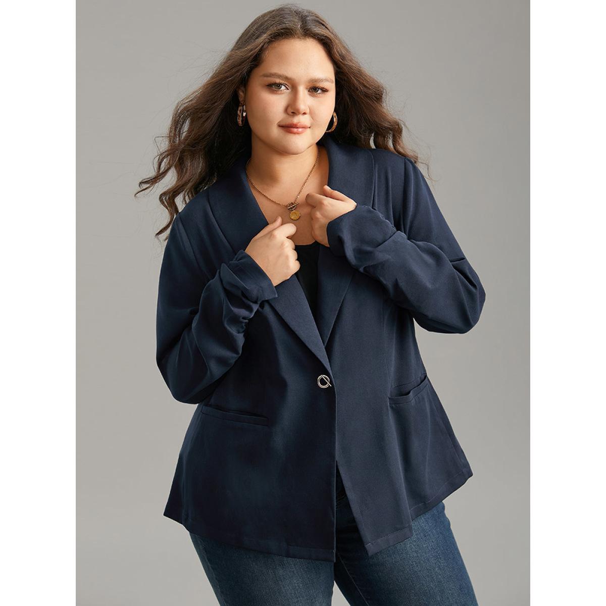 Plus Size Plain Lapel Collar Button Fly Patched Pocket Blazer Midnight Women Dailywear Plain Plain Sleeve Long Sleeve Lapel Collar 30/6X Pocket Casual Blazers BloomChic Product Image