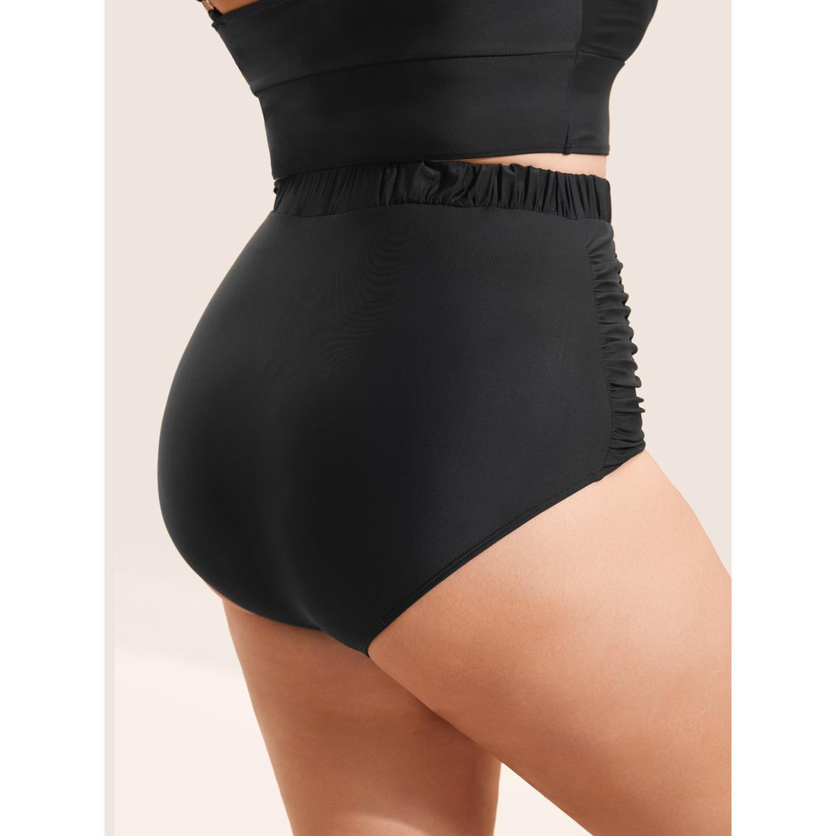 Plus Size Solid Buckle Detail Ruched Swim Bottom Women's Swimwear Black Beach Non High stretch Skinny High Rise Curve Swim Bottoms BloomChic 10/M Product Image