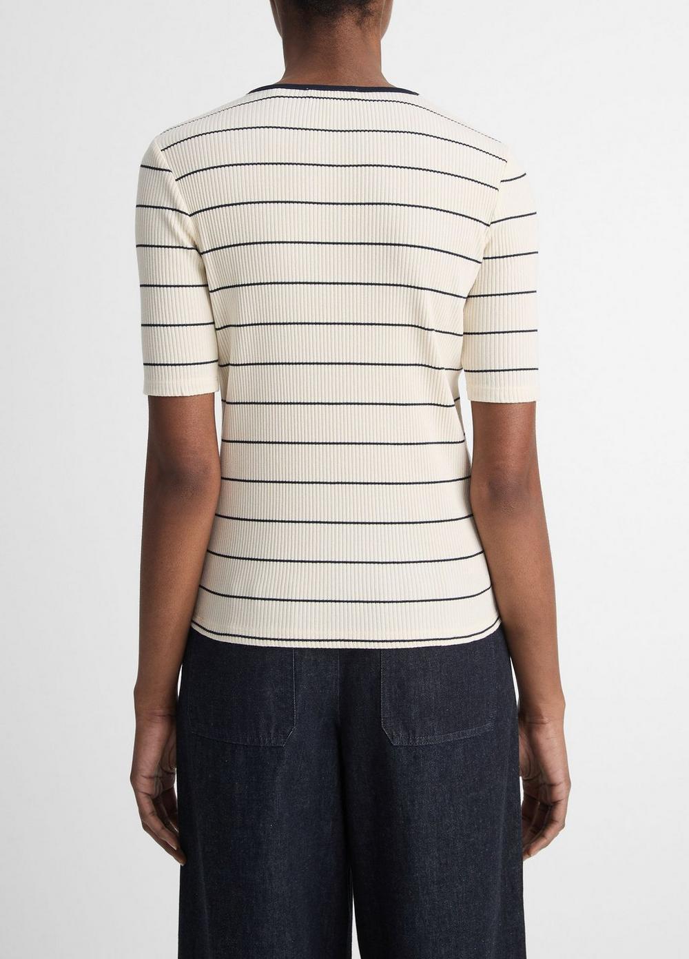 Womens Striped Ribbed Stretch-cotton Elbow-Sleeve T-Shirt, Flaxen/deep Lake, Size L Vince Product Image
