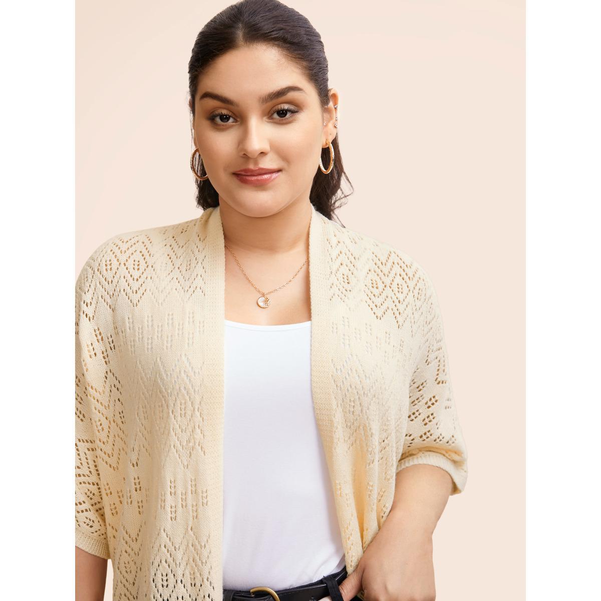 Plus Size Kimono Collar Cut Out Tassel Trim Cardigan Apricot Women Beach Loose Half Sleeve Vacation Cardigans BloomChic 18-20/2X Product Image