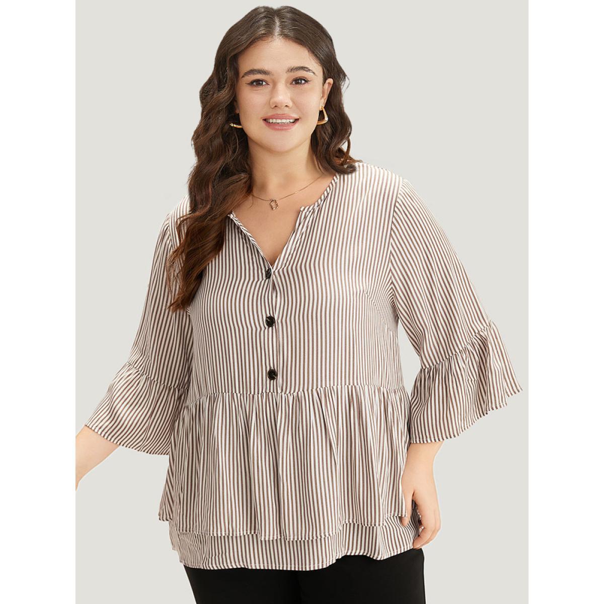 Plus Size Multicolor Striped Button Up Ruffles Bell Sleeve Blouse Women Office Elbow-length sleeve V-neck Work Blouses BloomChic 26/4X Product Image