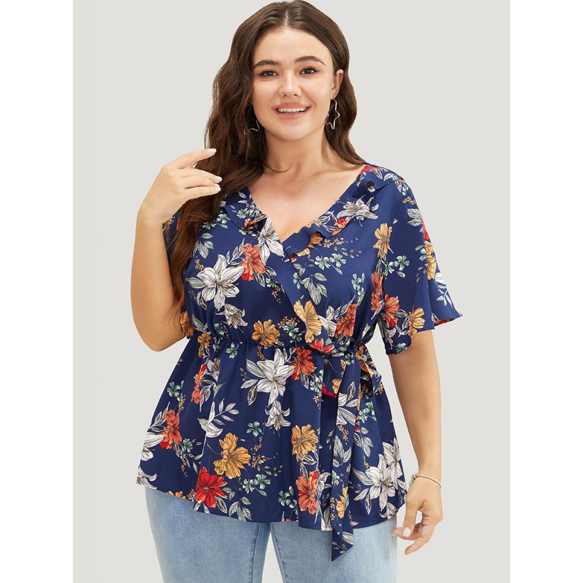 Plus Size Indigo Floral Ruffle Trim Knot Side Wrap Blouse Women Elegant Short sleeve V-neck Dailywear Blouses BloomChic 14-16/1X Product Image