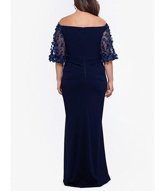 Xscape Plus Size 3D Floral Applique Scuba Crepe Off-the-Shoulder Short Puffed Sleeve Sheath Gown Product Image