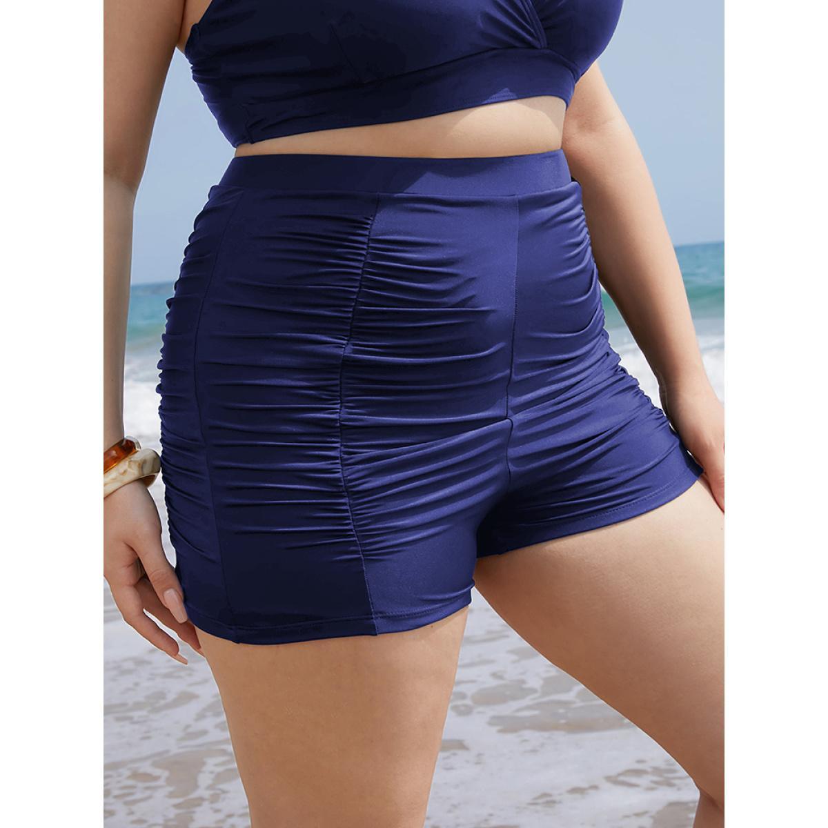 Plus Size Solid High Waist Ruched Detail Swim Shorts Women's Swimwear Indigo Beach Gathered High stretch Skinny High Rise Curve Swim Bottoms BloomChic 30/6X Product Image
