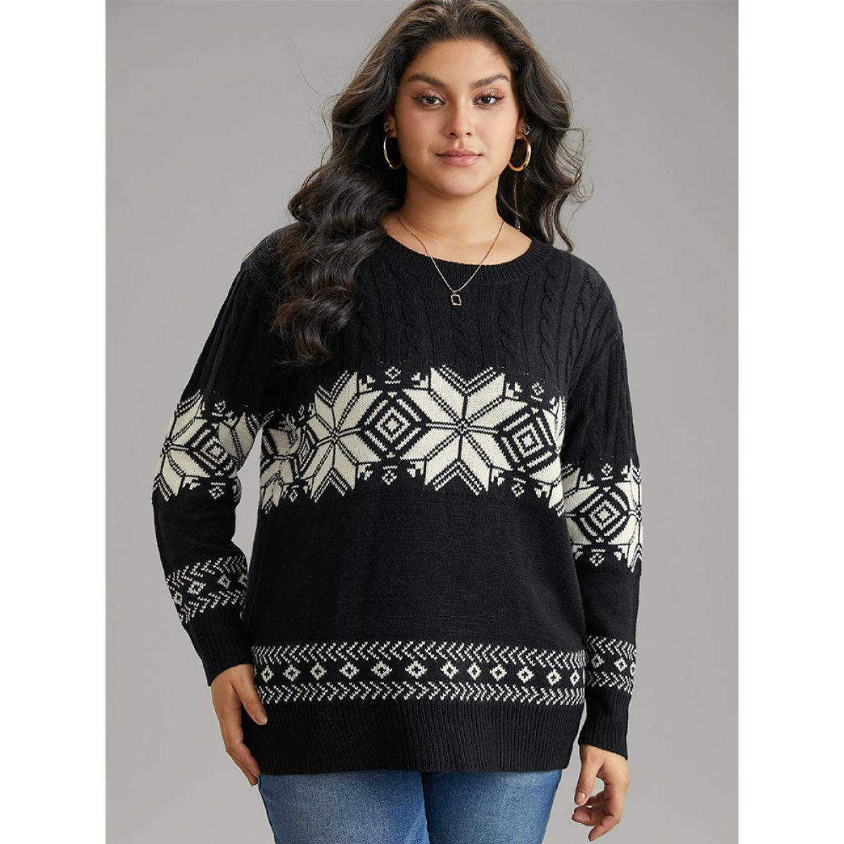 Plus Size Geometric Jacquard Cable Knit Pullover Black Women Casual Loose Long Sleeve Round Neck Dailywear Pullovers BloomChic 22-24/3X Product Image
