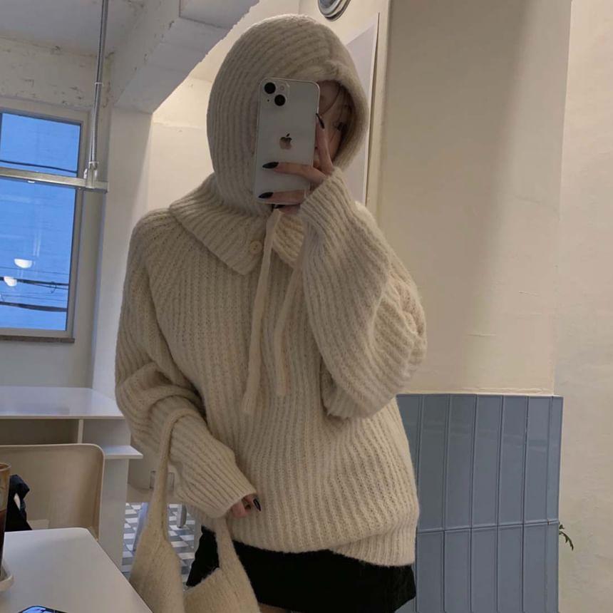 Long Sleeve Plain Ribbed-Knit Loose-Fit Sweater with Beanie Product Image
