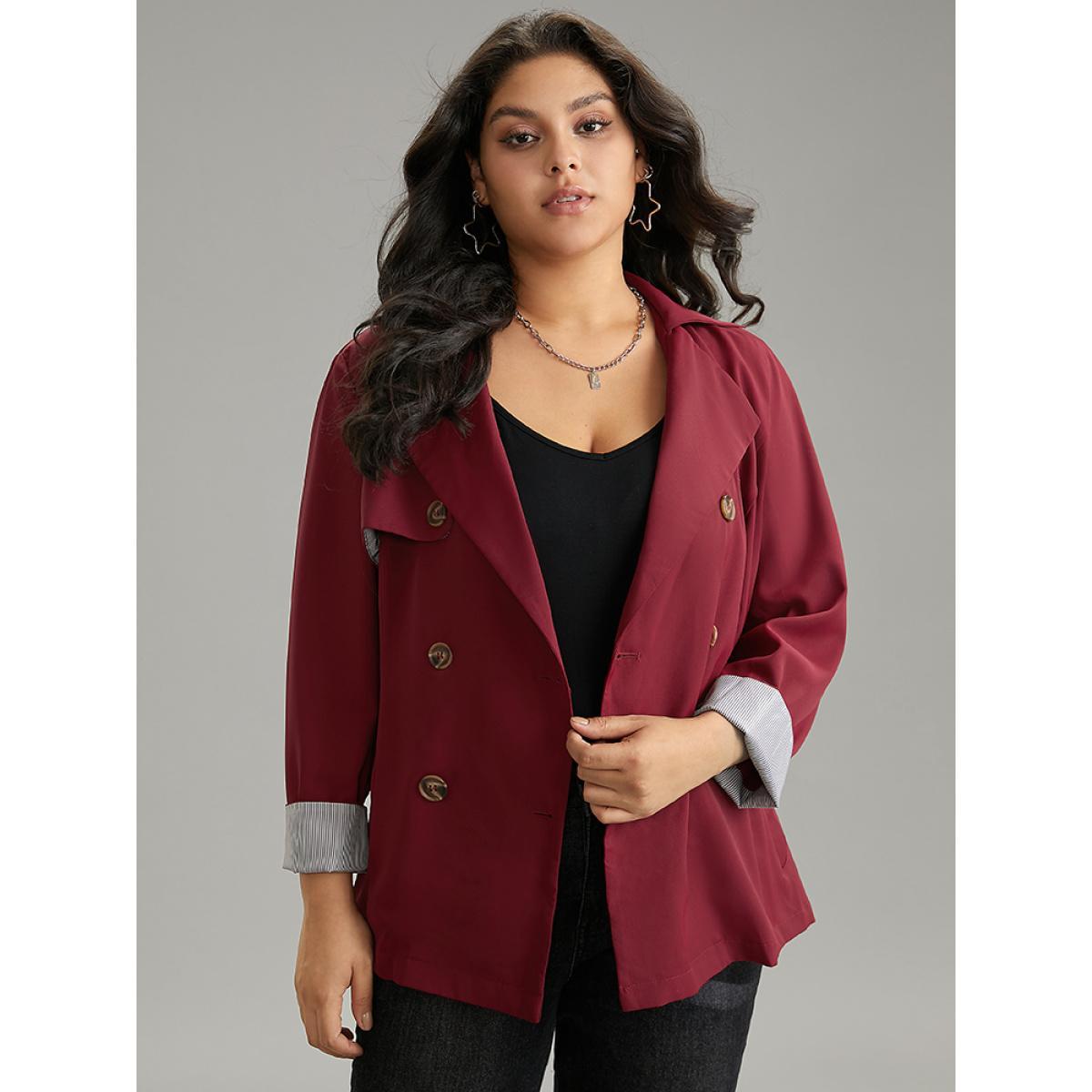 Plus Size Twill Lapel Collar Belted Button Up Buckle Detail Coat Women Burgundy Casual Plain Ladies Dailywear Winter Coats BloomChic 22-24/3X Product Image