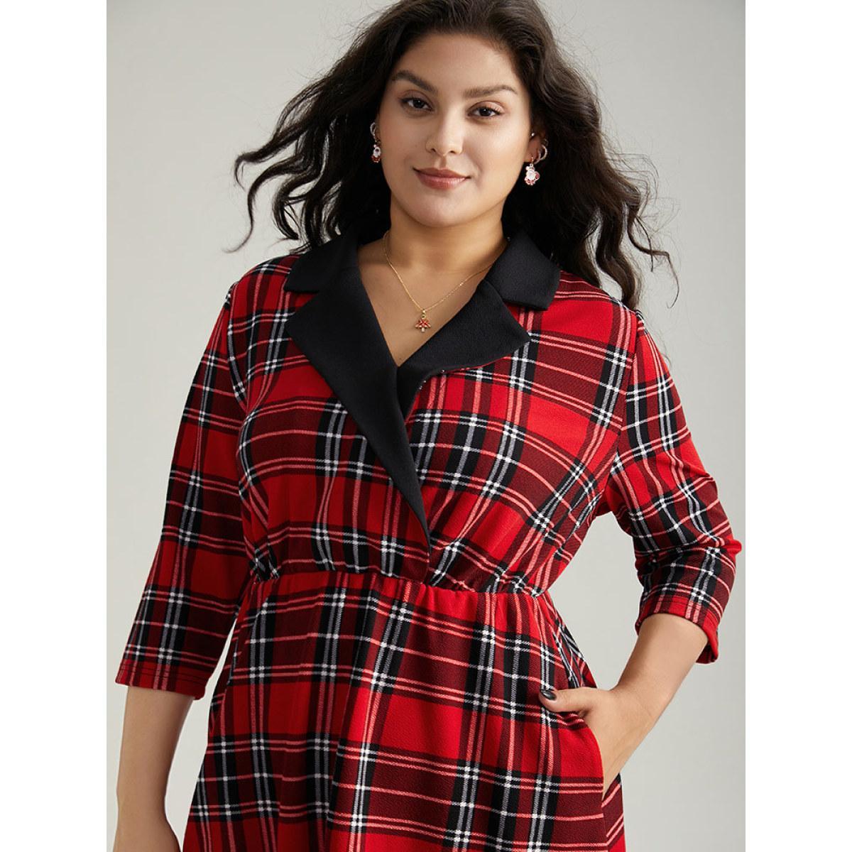 Plus Size Christmas Plaid Suit Collar Elastic Waist Dress Red Women Office Printed Suit Collar Elbow-length sleeve Curvy Midi Dress BloomChic 18-20/2X Product Image