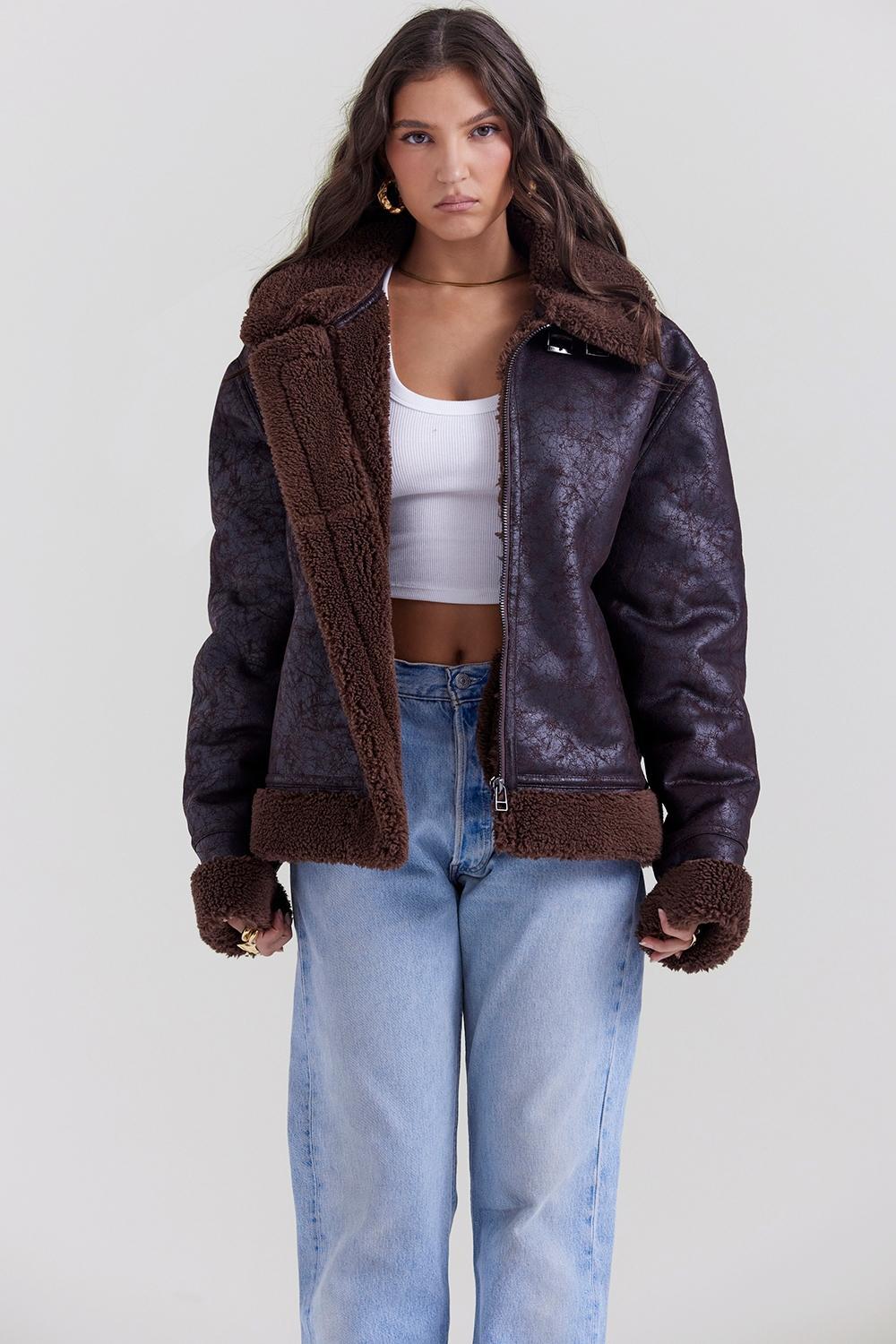 Madden Brown Vegan Shearling Aviator Jacket Product Image