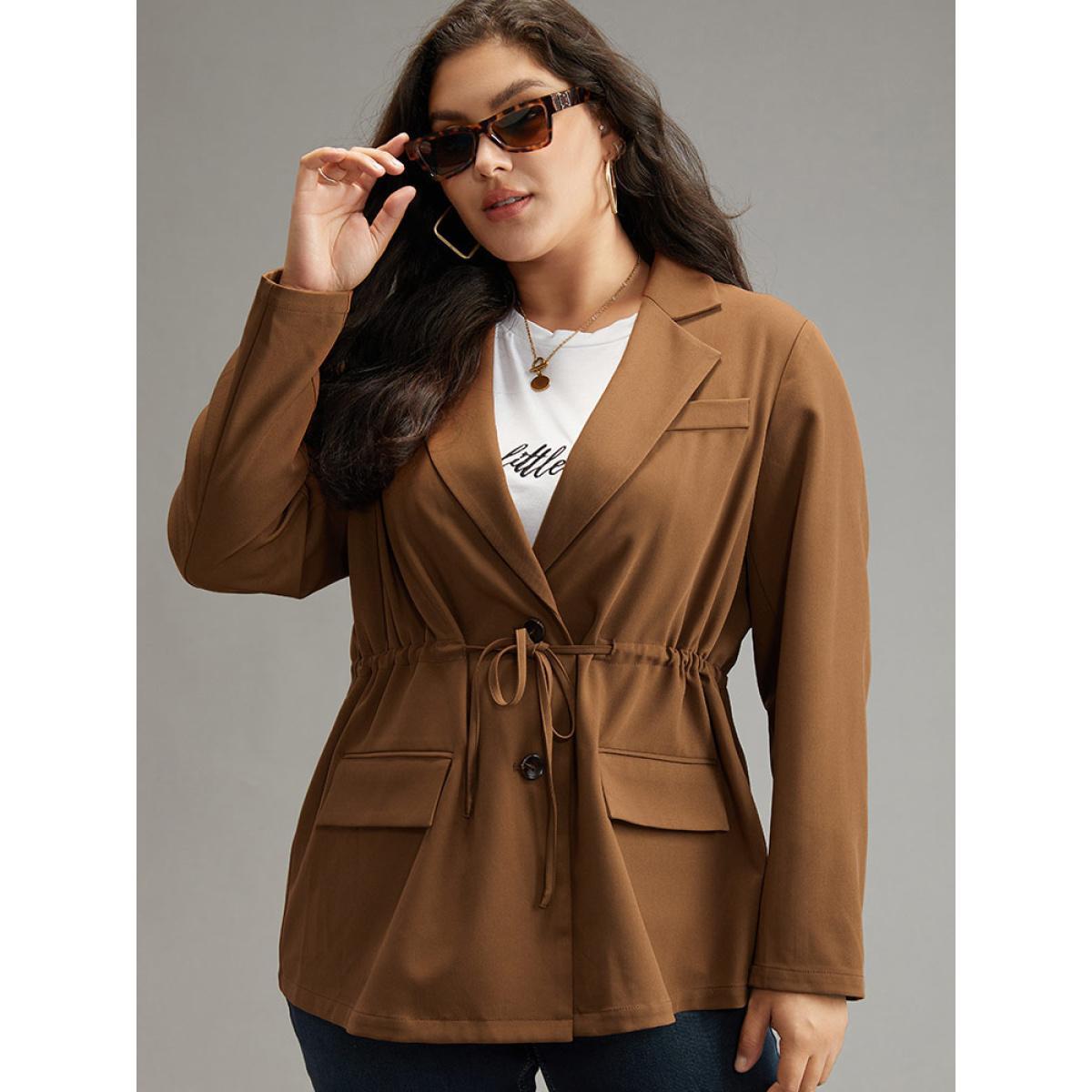Plus Size Drawstring Flap Pocket Blazer Bronze Women Dailywear Plain Plain Sleeve Long Sleeve Suit Collar 22-24/3X Pocket Casual Blazers BloomChic Product Image