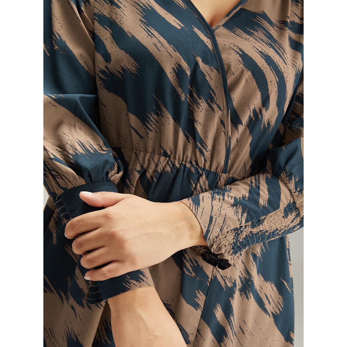 Plus Size Brush Print Elastic Waist Wrap Split Hem Dress Indigo Women At the Office Elastic Waist V-neck Long Sleeve Curvy Midi Dress BloomChic 18-20/2X Product Image