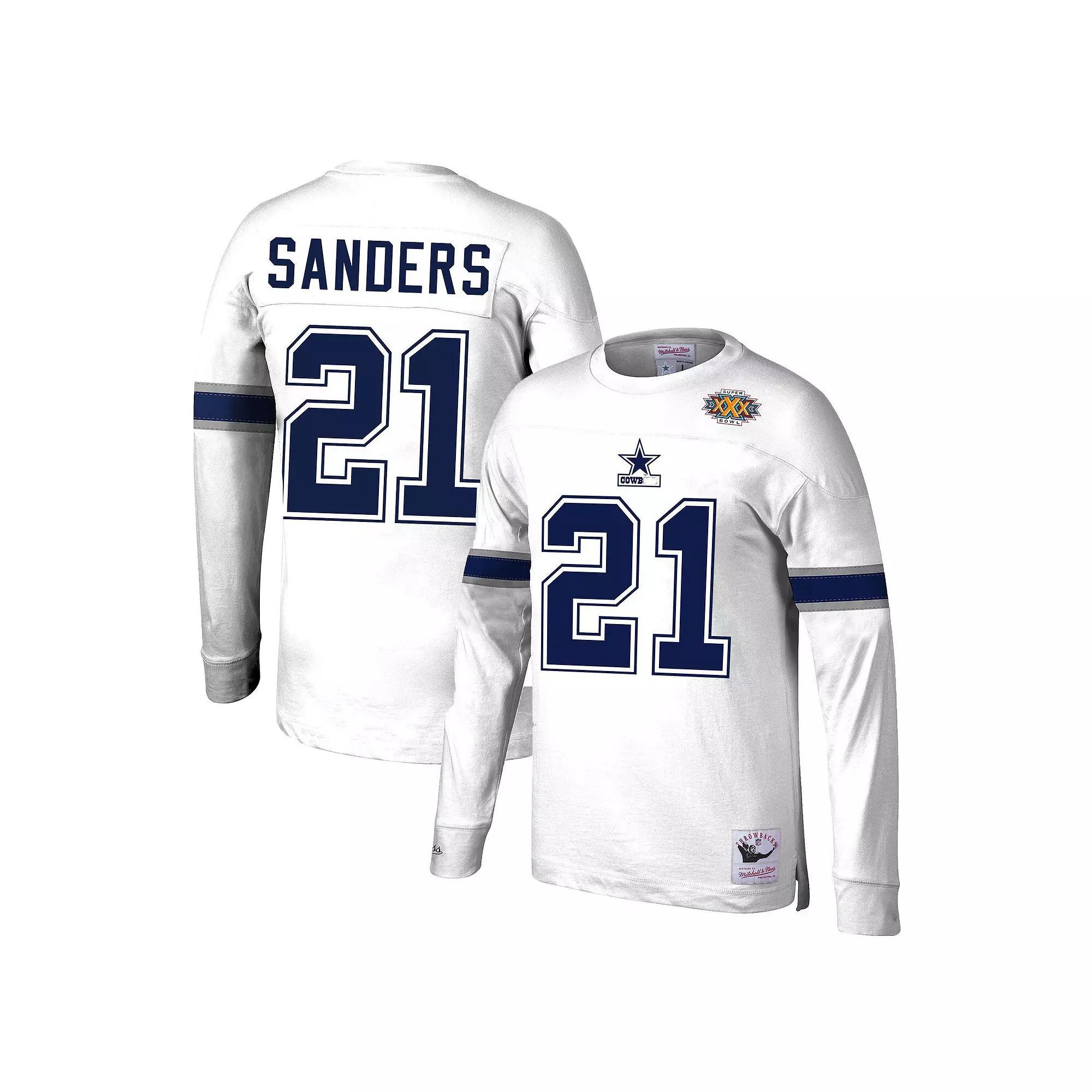 Men's Mitchell & Ness Deion Sanders White Dallas Cowboys Retired Player Name & Number Long Sleeve Top, Size: Medium Product Image