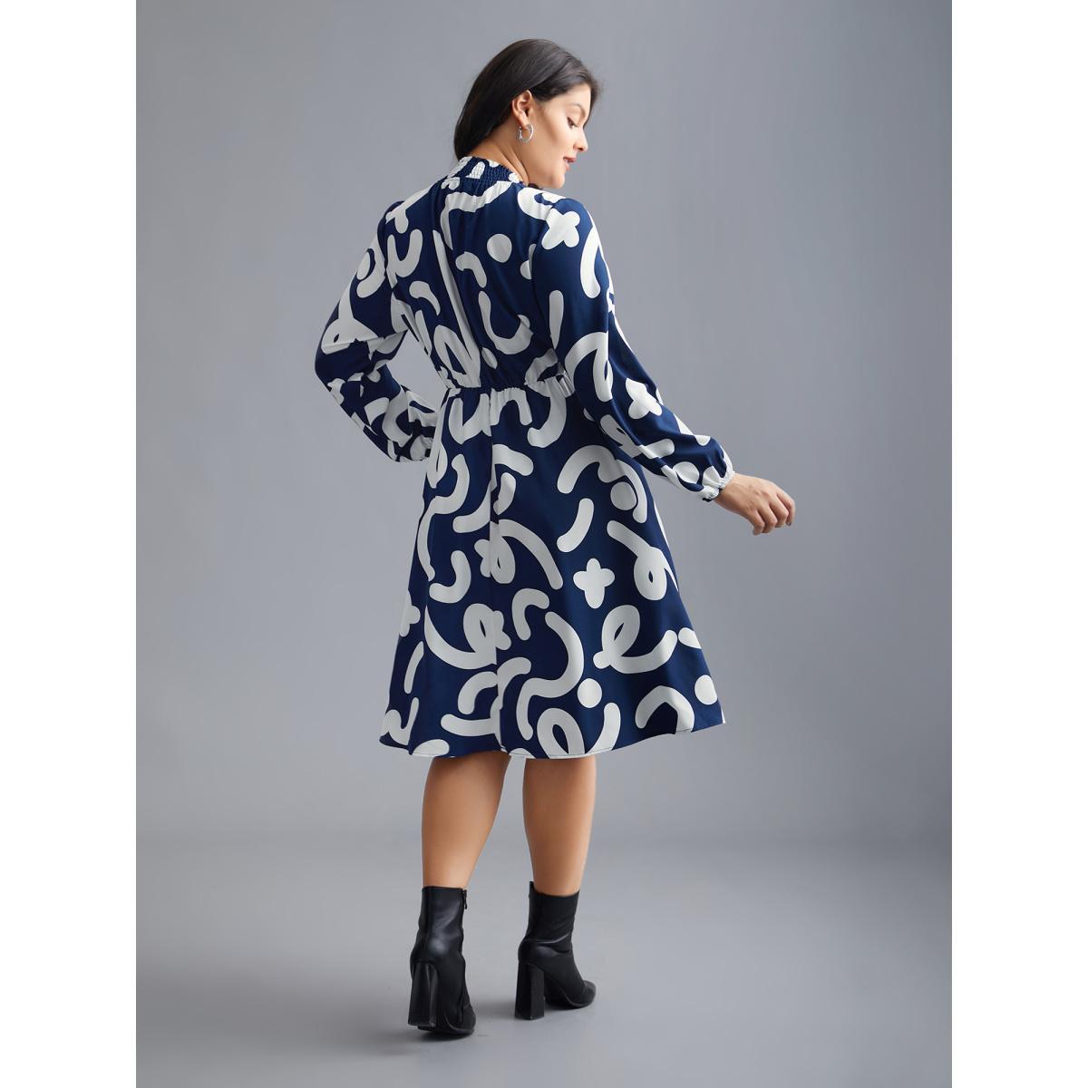 Plus Size Geometric Print Shirred Pocket Dress DarkBlue Women Elegant Shirred Mock Neck Long Sleeve Curvy BloomChic 12/L Product Image