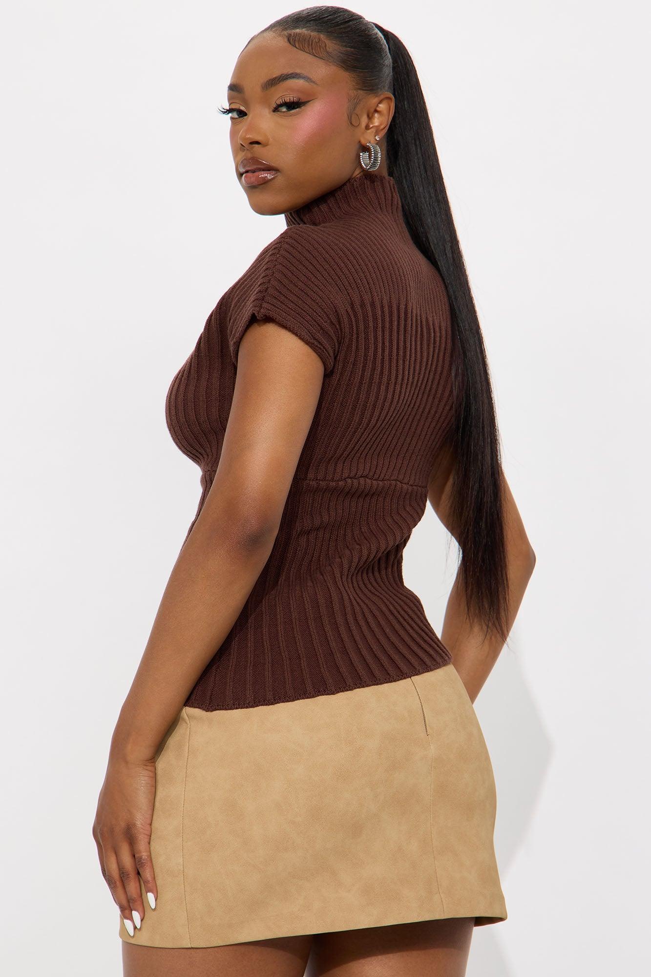 Aurora Mock Neck Sweater Top - Chocolate Product Image
