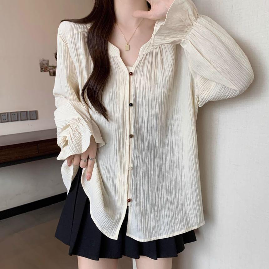 Long-Sleeve Notch Neck Plain Blouse Product Image