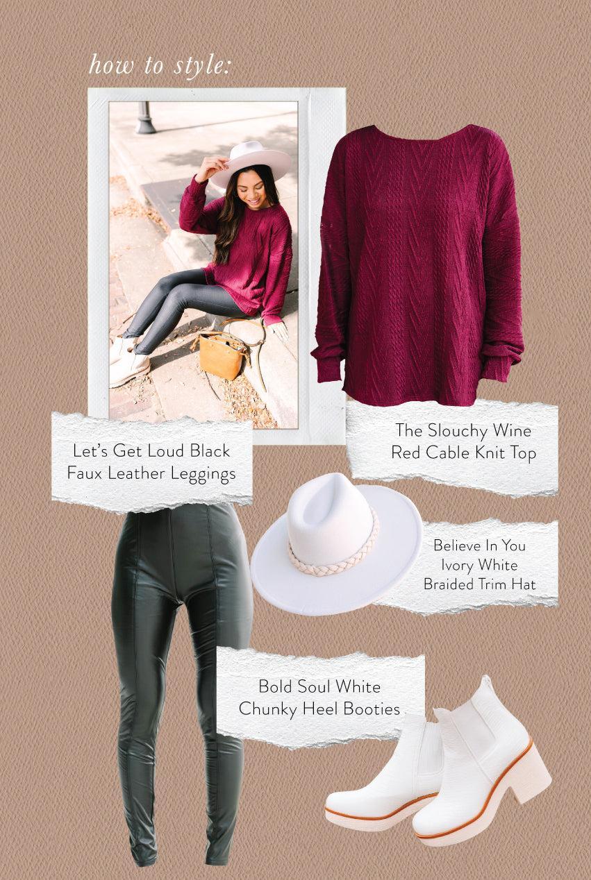 The Slouchy Wine Red Cable Knit Top Female Product Image