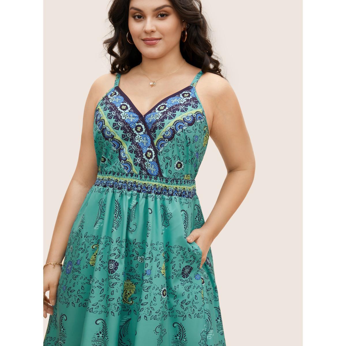 Plus Size Paisley Print Overlap Collar Shirred Cami Dress Malachitegreen Women Resort Shirred Overlap Collar Sleeveless Curvy BloomChic 14-16/1X Product Image