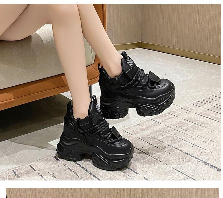Platform Hidden Wedge Plain Lace-Up Faux Leather Sneakers Product Image