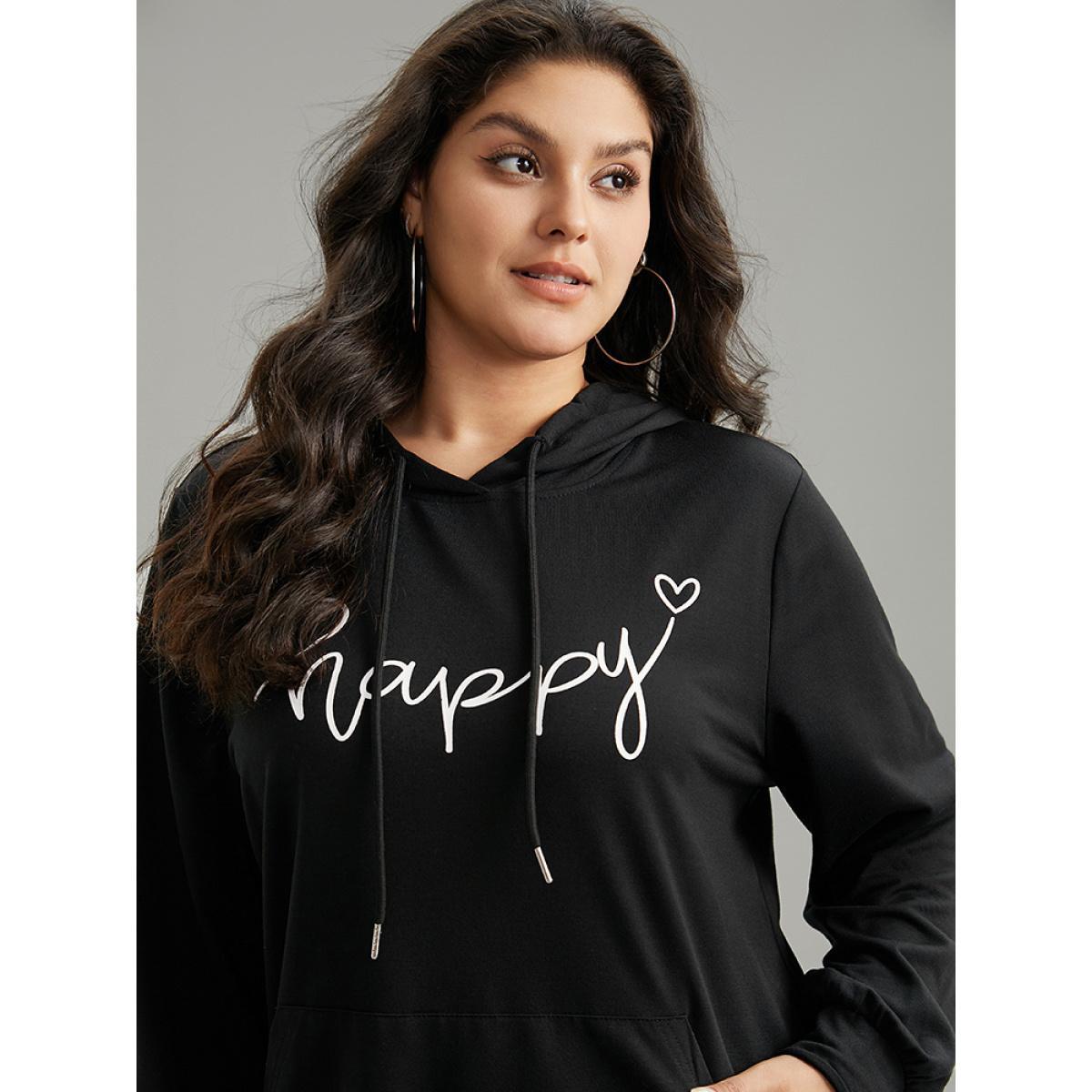 Plus Size Positive Slogans Print Kangaroo Pocket Hooded Sweatshirt Women Black Casual Printed Dailywear Sweatshirts BloomChic 22-24/3X Product Image