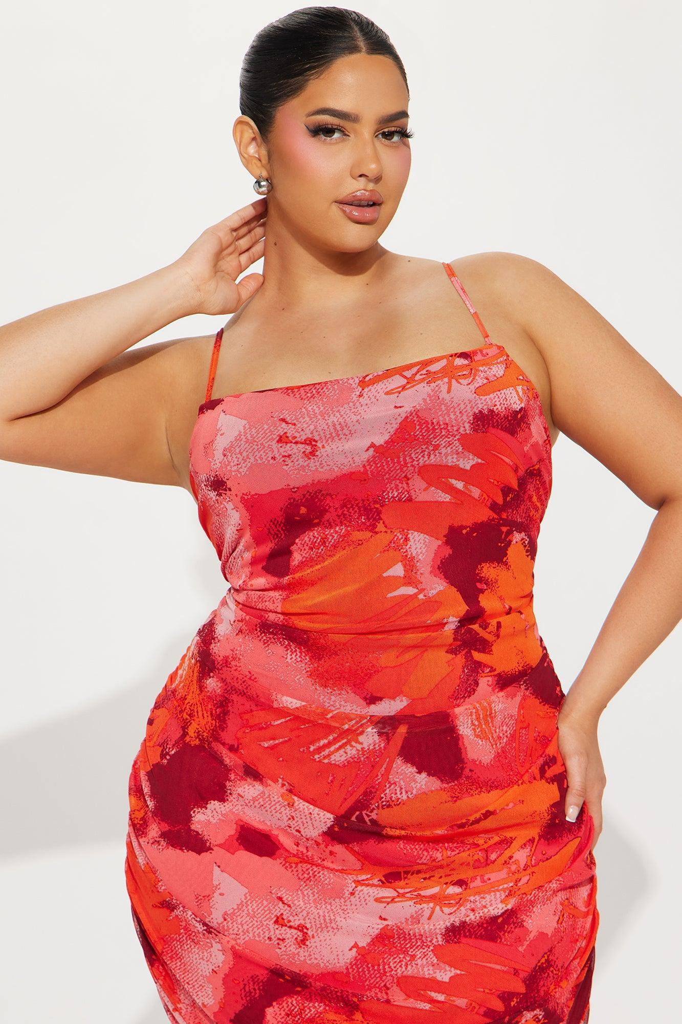 Amara Abstract Mesh Midi Dress - Red/combo Product Image