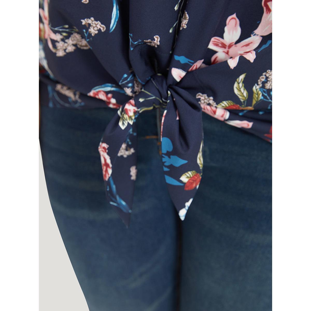 Plus Size Indigo Floral Print V Neck Ruffle Sleeve Twist Hem Blouse Women Elegant Half Sleeve V-neck Dailywear Blouses BloomChic 10/M Product Image