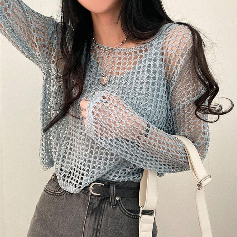 Set: Long-Sleeve Boat Neck Plain Perforated Crop Knit Top + V-Neck Tank Top Product Image