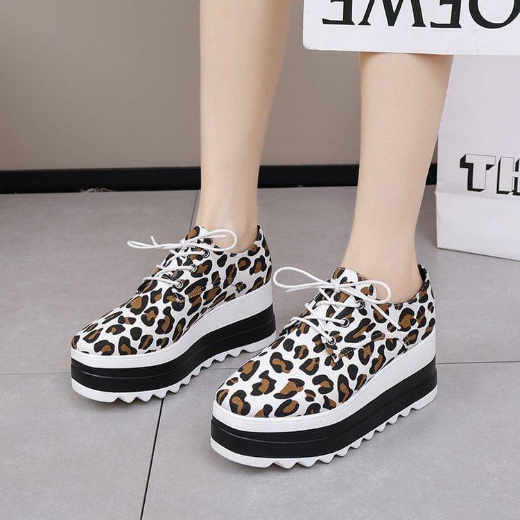 Leopard Print Platform Lace-Up Shoes Product Image