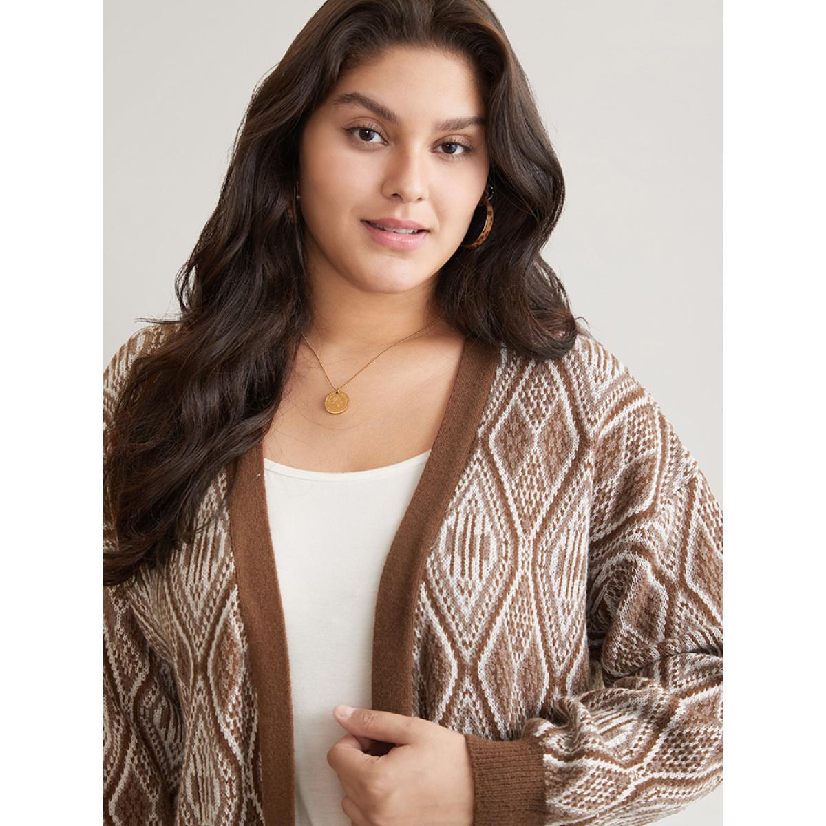 Plus Size Geometric Graphic Patched Pocket Jacquard Cardigan DarkBrown Women Casual Loose Long Sleeve Dailywear Cardigans BloomChic 18-20/2X Product Image