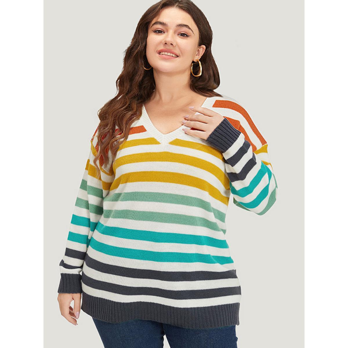 Plus Size Rainbow Print V Neck Elastic Cuffs Pullover Multicolor Women Casual Loose Long Sleeve V-neck Dailywear Pullovers BloomChic 26/4X Product Image
