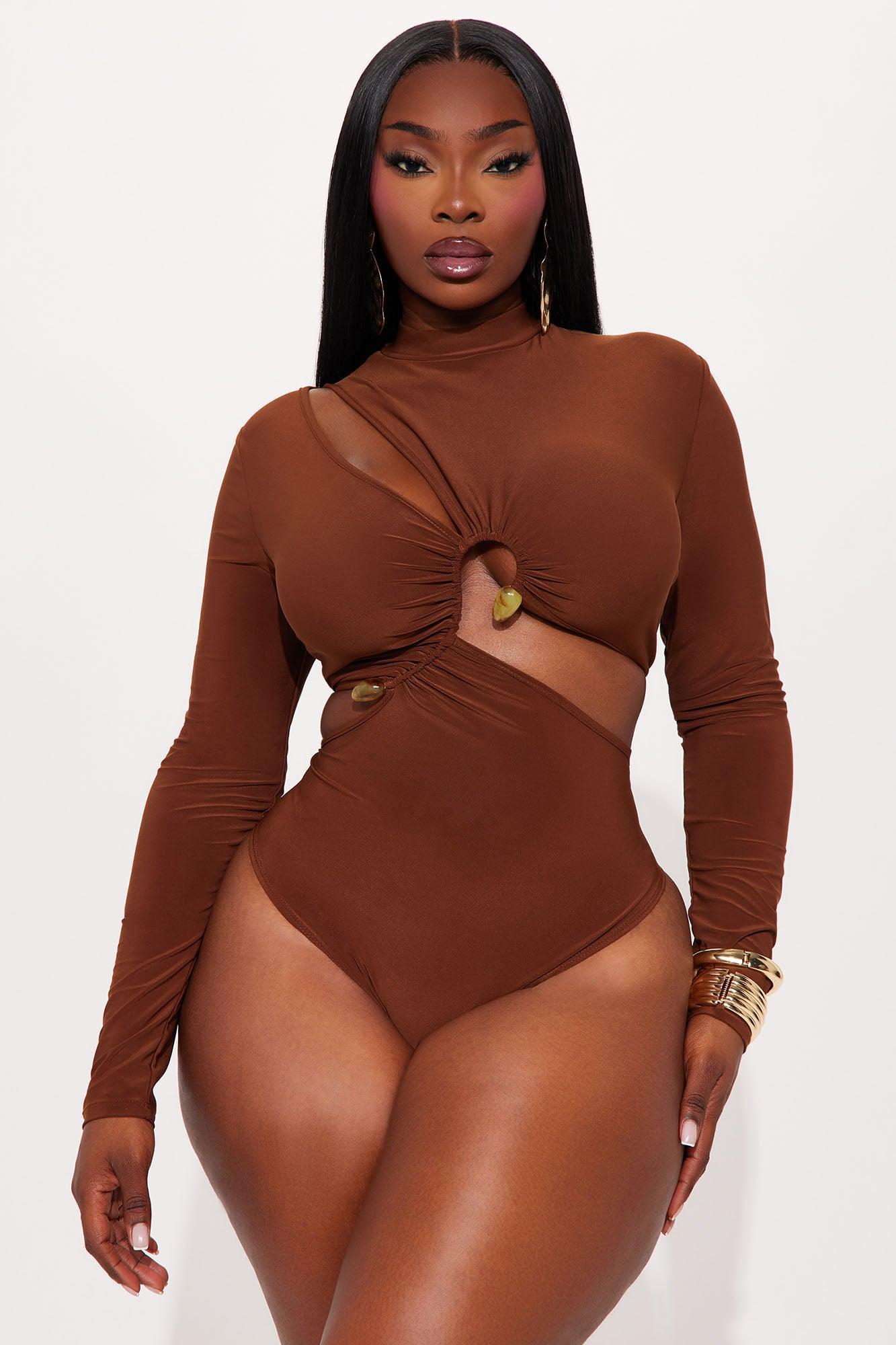 In Motion Long Sleeve Cut Out Bodysuit - Chocolate Product Image