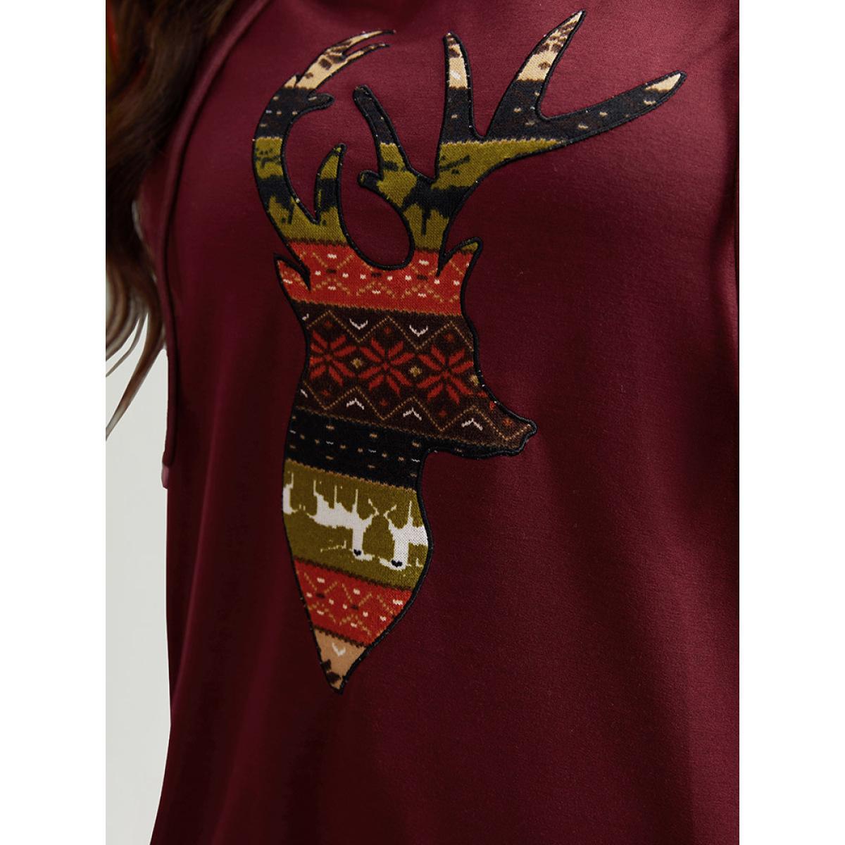 Plus Size Christmas Print Pocket Hooded Drawstring Sweatshirt Women Burgundy Casual Contrast Festival-Christmas Sweatshirts BloomChic 30/6X Product Image