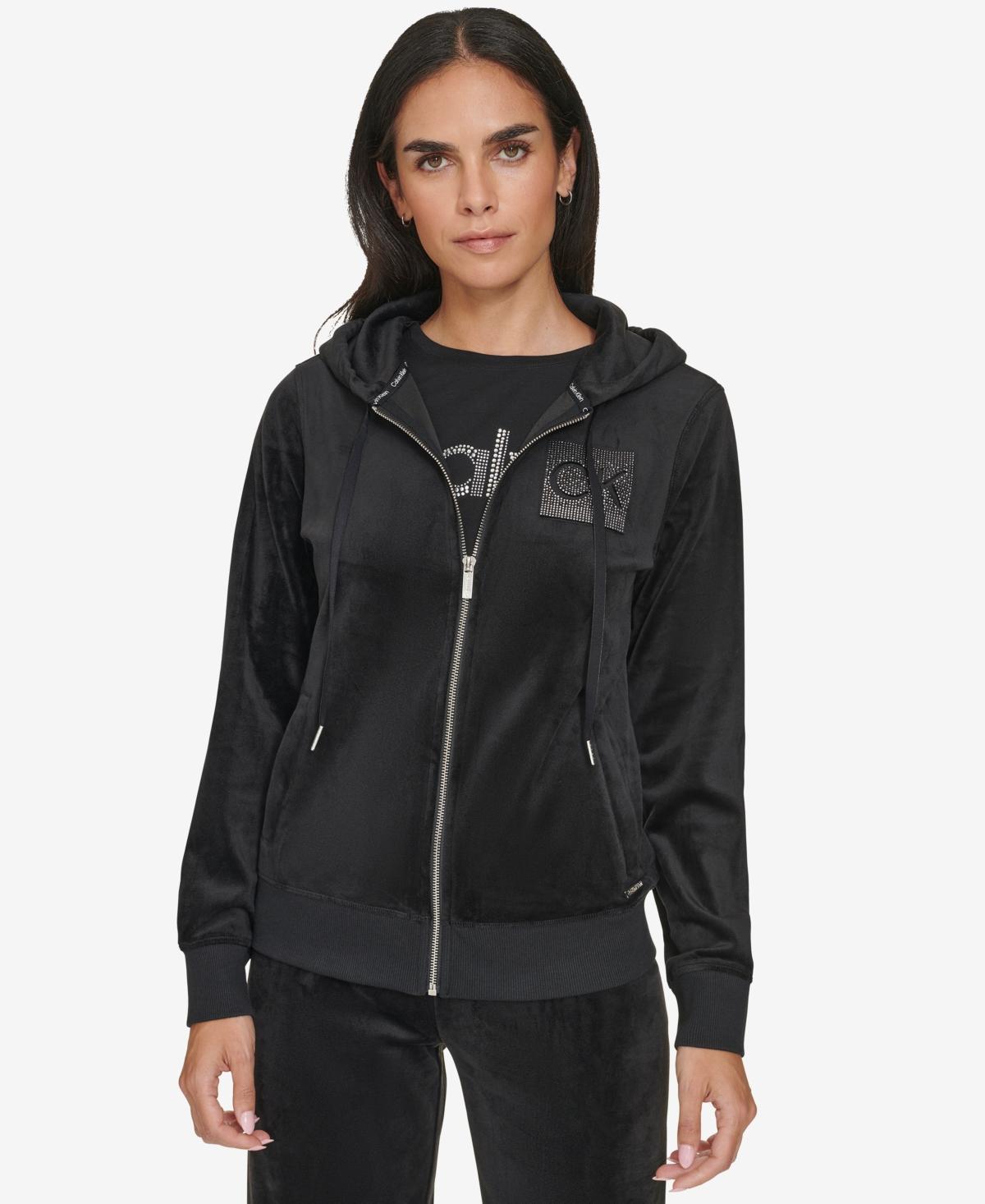 Calvin Klein Womens Metallic Logo Velour Zip-Front Hoodie Product Image
