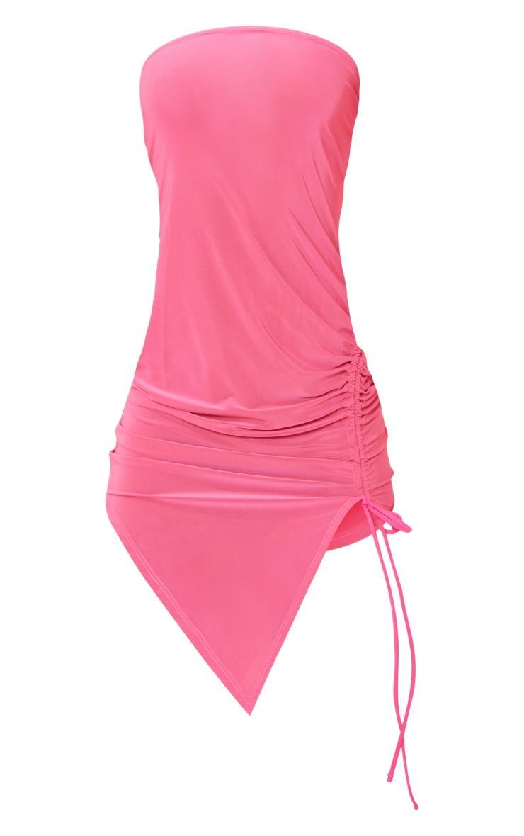 Hot Pink Slinky Ruched Panel Asymmetric Hem Bandeau Bodycon Dress Product Image