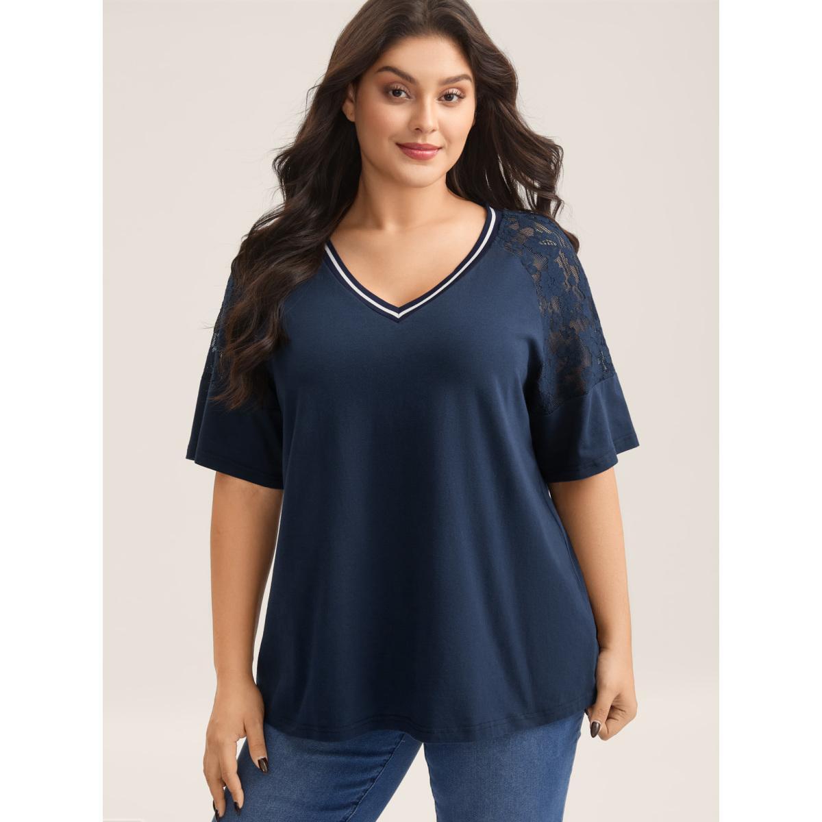 Plus Size Supersoft Sheer Floral Sleeve V-Neck T-Shirt Indigo Women See through V-neck Everyday-Casual T-shirts BloomChic 22-24/3X Product Image