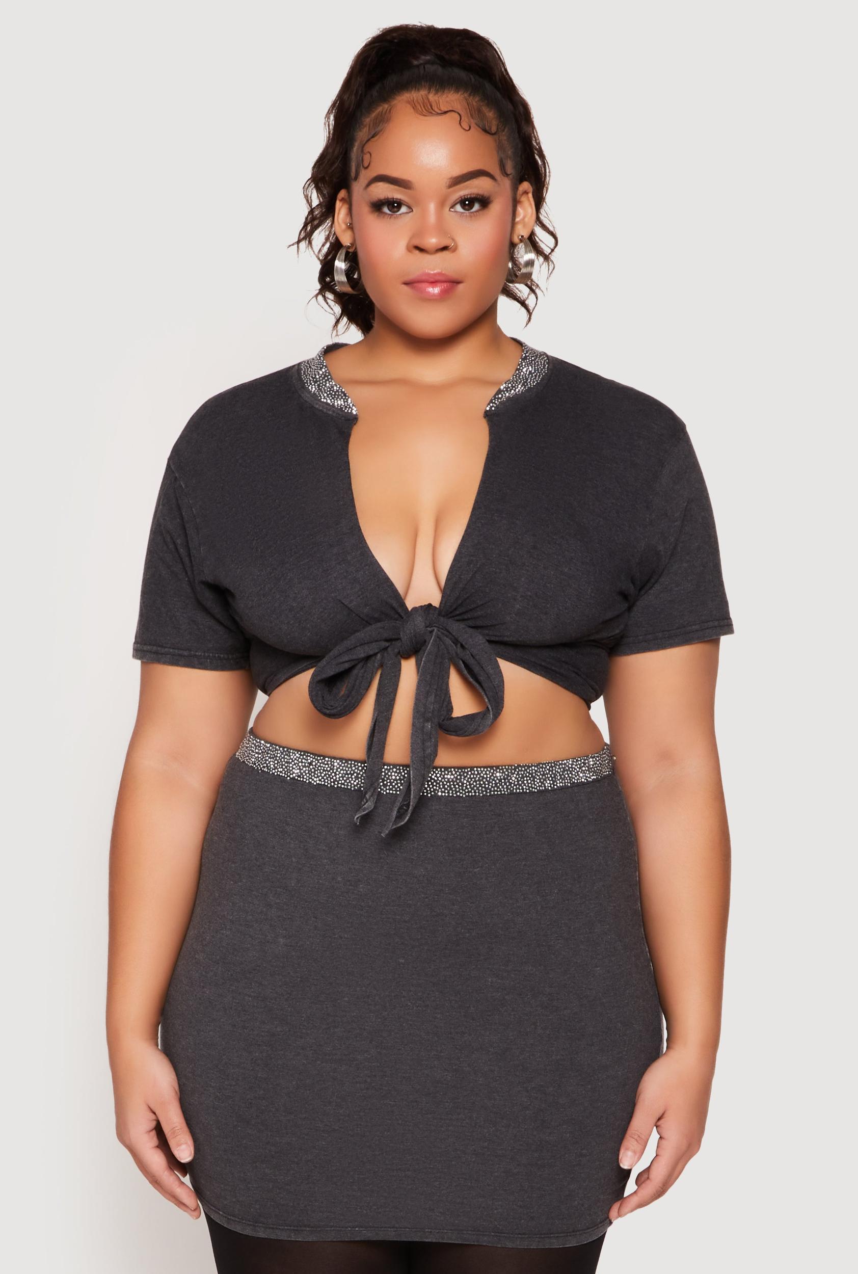Womens Plus Size Rhinestone Collar Tie Front Top Product Image