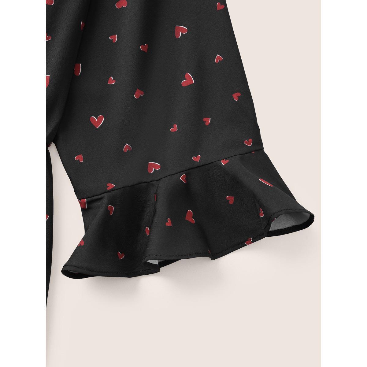 Plus Size Black Heart Print Flutter Sleeve Elastic Waist Blouse Women Elegant Elbow-length sleeve V-neck Everyday Blouses BloomChic 30/6X Product Image