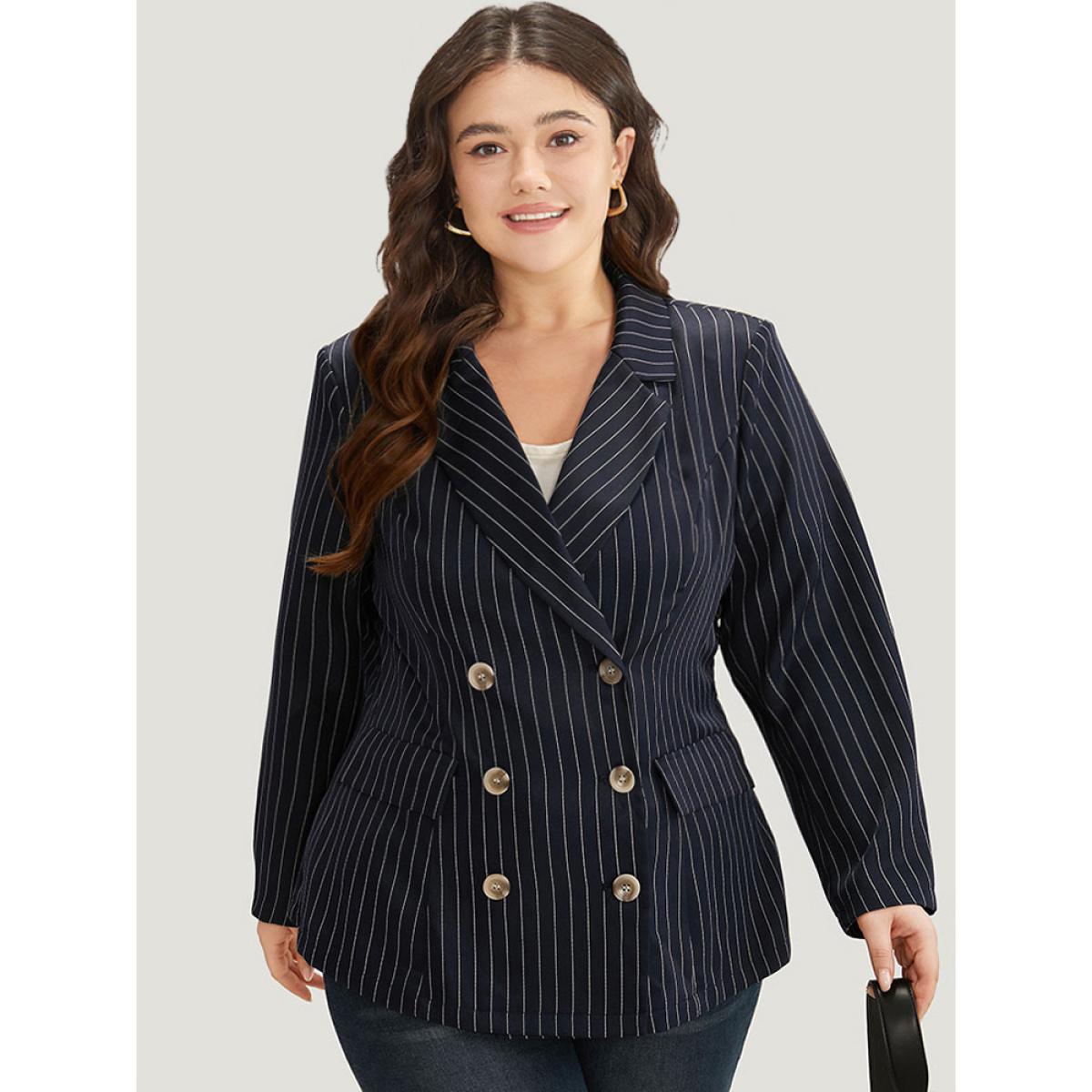 Plus Size Suit Collar Striped Double Breasted Blazer Blue Women Work Striped Button Sleeve Long Sleeve Suit Collar 12/L Pocket Office Blazers BloomChic Product Image