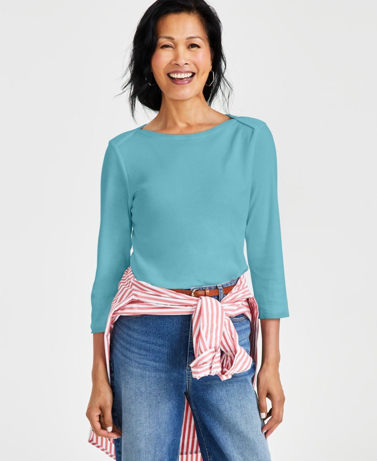 Style & Co Womens Pima Cotton 3/4-Sleeve Boat-Neck Top, Regular & Petite, Created for Macys Product Image