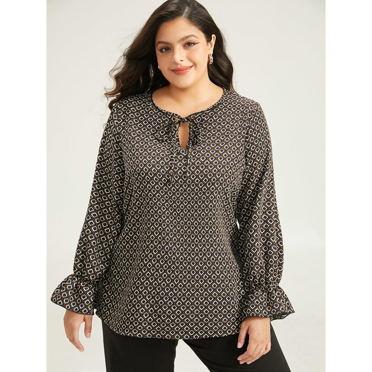 Plus Size Multicolor Geometric Knot Neck Flutter Trim Blouse Women Office Long Sleeve Tie Neck Work Blouses BloomChic 28/5X Product Image