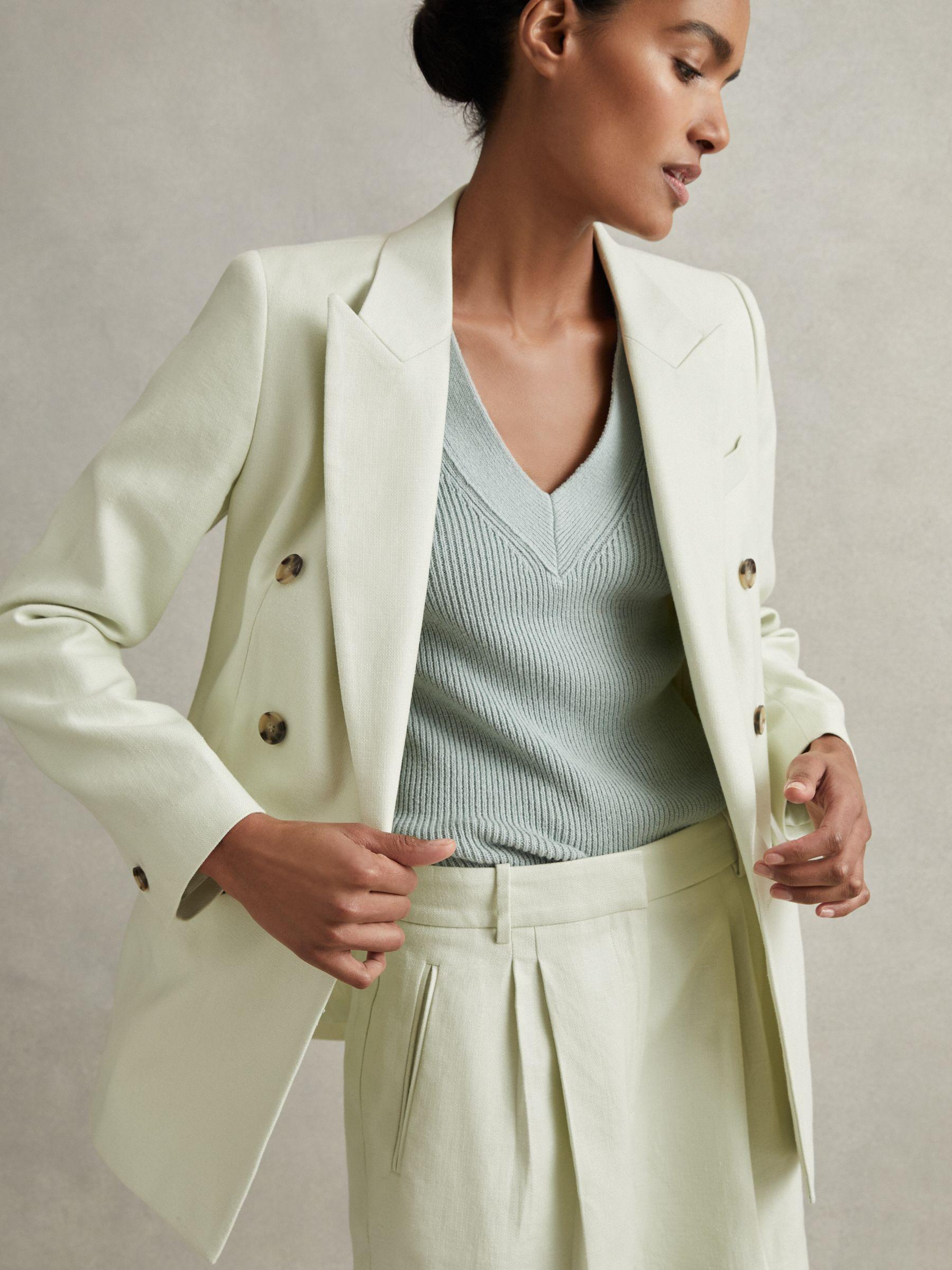 Double Breasted Linen Blend Suit Blazer in Mint Product Image