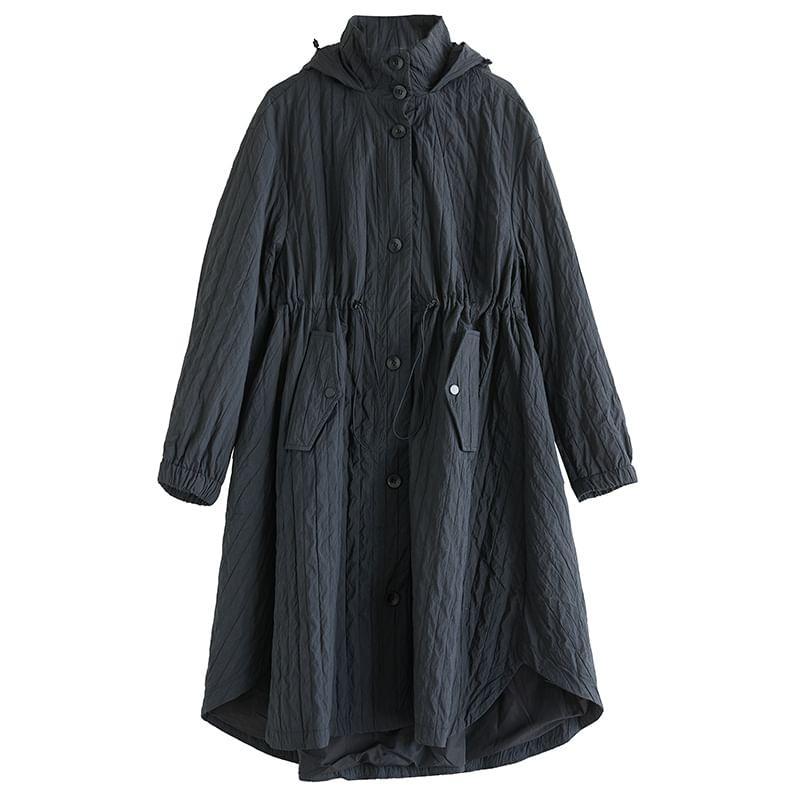 Stand Collar Plain Asymmetrical Hooded Midi Single-Breasted Coat Product Image