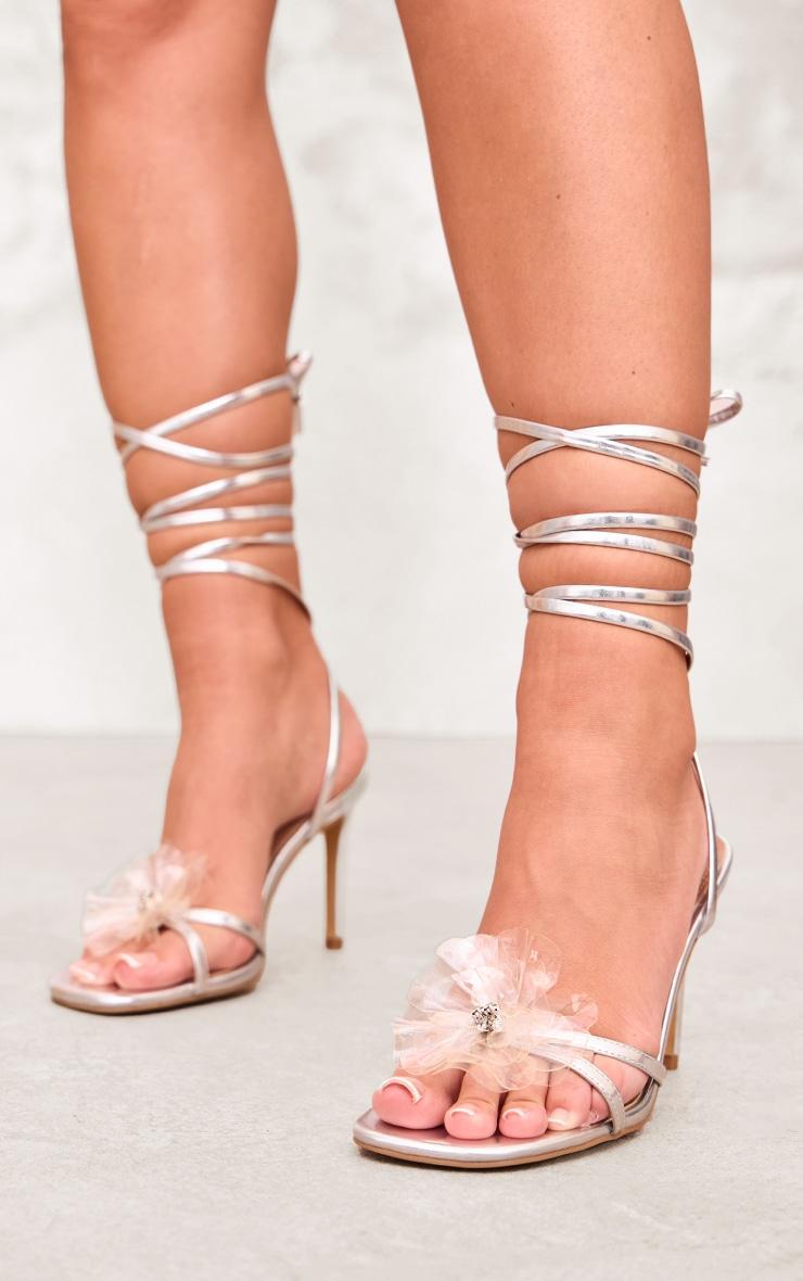 Silver Metallic Pu Flower Lace Up Heeled Sandals Product Image